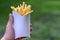 Tasty juicy french fries in white paper box in man hand on nature outdoors