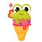Tasty kawaii frog shaped ice cream in cone with candy cane and heart biscuit cartoon for summer