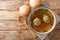 Tasty Liver dumplings added to broth make a wonderful authentic German soup close-up in a plate. horizontal top view