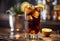 Tasty Long Island Ice Tea being poured into a tall glass with ice cubes, AI Generative