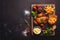 Tasty looking Fried chicken food meal with fries salad and dips chips