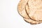 Tasty matzos on white background, top view. Passover Pesach celebration