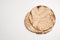 Tasty matzos on white background, top view. Passover Pesach celebration