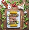 Tasty meat, vegetables and corn skewers in herbs marinate with fresh seasoning and Basting Brush for grill on rustic kitchen table