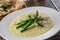 Tasty mediterranean meal risotto with asparagus