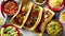 Tasty Mexican meat tacos served with various vegetables and salsa