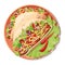 Tasty Mexican is on a plate. Traditional Mexican foodTortillas with a filling on an isolated background. Corn cake with