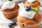 Tasty muffins, cream and blueberries on table