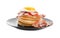 Tasty pancakes with fried egg and bacon on white background