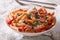 Tasty pasta arrabbiata with parmesan closeup on the table. horizontal