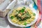 Tasty pasta with chicken and spinach