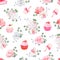 Tasty pastries, bouquets of flowers, keys with red bows on white seamless vector print