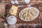 Tasty pelmeni or manti on wooden background with eggs, flour, butter