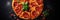 Tasty pizza banner with salame on dark concrete surface. Top view of hot pepperoni pizza. With copy space for text. Flat