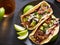 Tasty pork street tacos with onion, cilantro, avocado, and red cabbage