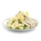 Tasty potato fish salad with green pea and onions