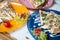 Tasty quesadillas on colorful plates ,Mexican street food