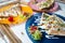 Tasty quesadillas on colorful plates ,Mexican street food