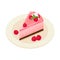 Tasty raspberry cheesecake on plate. Sweet fruit dessert, vector illustration.