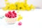 Tasty raspberry. Juicy berry. Wooden dishes. Place for text. The