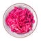 Tasty red sauerkraut or fermented cabbage in marinade on a plate isolated on white