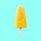 Tasty and refreshing orange popsicles on blue background.