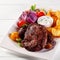 Tasty Roasted Beef Steak with Potatoes and Sauce