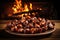Tasty Roasted Edible Chestnuts On Dark Wooden Table. Generative AI