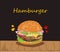 Tasty sandwich or burger vector illustration. Hamburger on wood table with black background