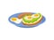 Tasty sandwich, fried egg and sausage on blue plate. Appetizing meal for breakfast. Food theme. Flat vector icon