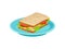 Tasty sandwich with lettuce leaf, slices of tomato and cheese on blue plate. Delicious breakfast. Flat vector icon