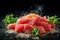 Tasty sashimi pieces of fresh raw tuna with sesame seeds on black board. generative ai