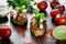 Tasty savory tomato Italian bruschetta, on slices of toasted baguette garnished with parsley