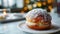 Tasty Semla bun with whipped cream and powdered sugar on a plate, on kitchen a table or in a cozy cafe. Generative AI