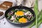 Tasty Shakshouka served on white marble table, closeup