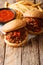 Tasty Sloppy Joe sandwiches with beef and French fries, ketchup