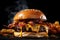 Tasty smash meat burger with cheese and bacon on wooden table and fire flames background. Ai generative