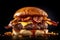 Tasty smash meat burger with cheese and bacon on wooden table and fire flames background. Ai generative