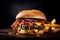 Tasty smash meat burger with cheese and bacon on wooden table and fire flames background. Ai generative