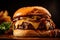 Tasty smash meat burger with cheese on wooden table and black background