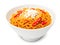 tasty spicy noodles in bowl on white background