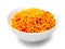 tasty spicy noodles in bowl on white background