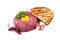 Tasty Steak tartare. Classic steak tartare over white. Ingredients: Raw beef meat salt pepper egg garlic chili herb decoration and