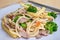 Tasty Stir Fried Udon Thick Noodles with Pork, Corn and Broccoli