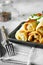 Tasty stuffed pancakes crepes with meat closeup. Thin pancakes with fillings. Russian Fried Stuffed Pancakes Blintzes with Meat