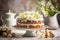 Tasty sweet Easter bread cake decorated with spring flowers on morning table with easter eggs.