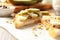 Tasty sweet toasts with fruits on wooden table, closeup