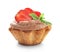 Tasty tartlet with whipped cream and strawberries on white background