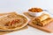 Tasty thin pancakes with fillings. Stuffed crepes with minced meat and red pepper. Russian fried Blini