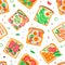 Tasty Toast with Wurst, Sliced Bacon and Egg on Top of It Vector Seamless Pattern